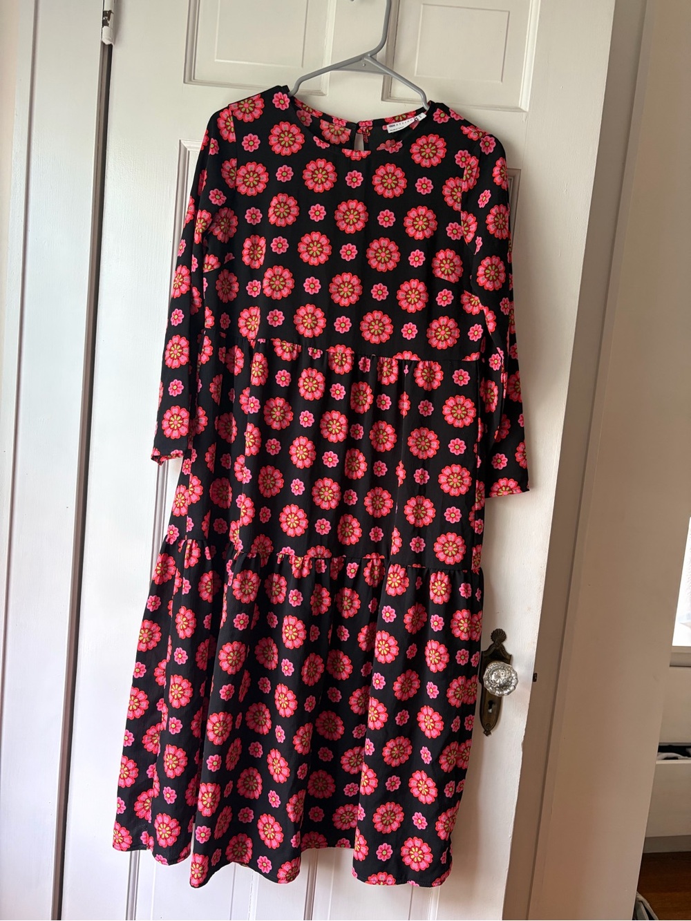 ASOS Black Long Sleeve Tiered Dress with Pink Floral Print